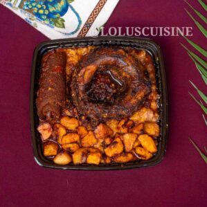 Ewa Agoyin and plantain with smoked fish and ponmo sauce