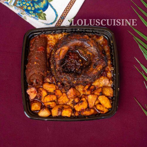 Ewa Agoyin and plantain with smoked fish and ponmo sauce